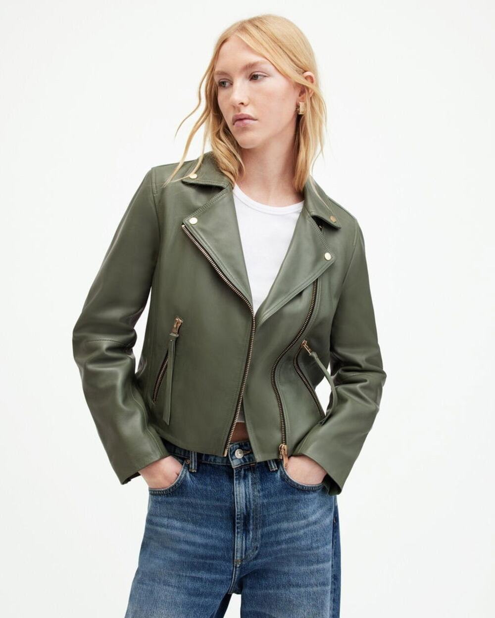 SZ 6 All Saints Dalby Slim Fit Leather Biker Jacket Green